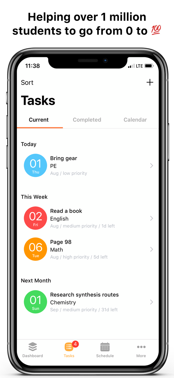 The Homework App showing a weekly schedule with color-coded subjects